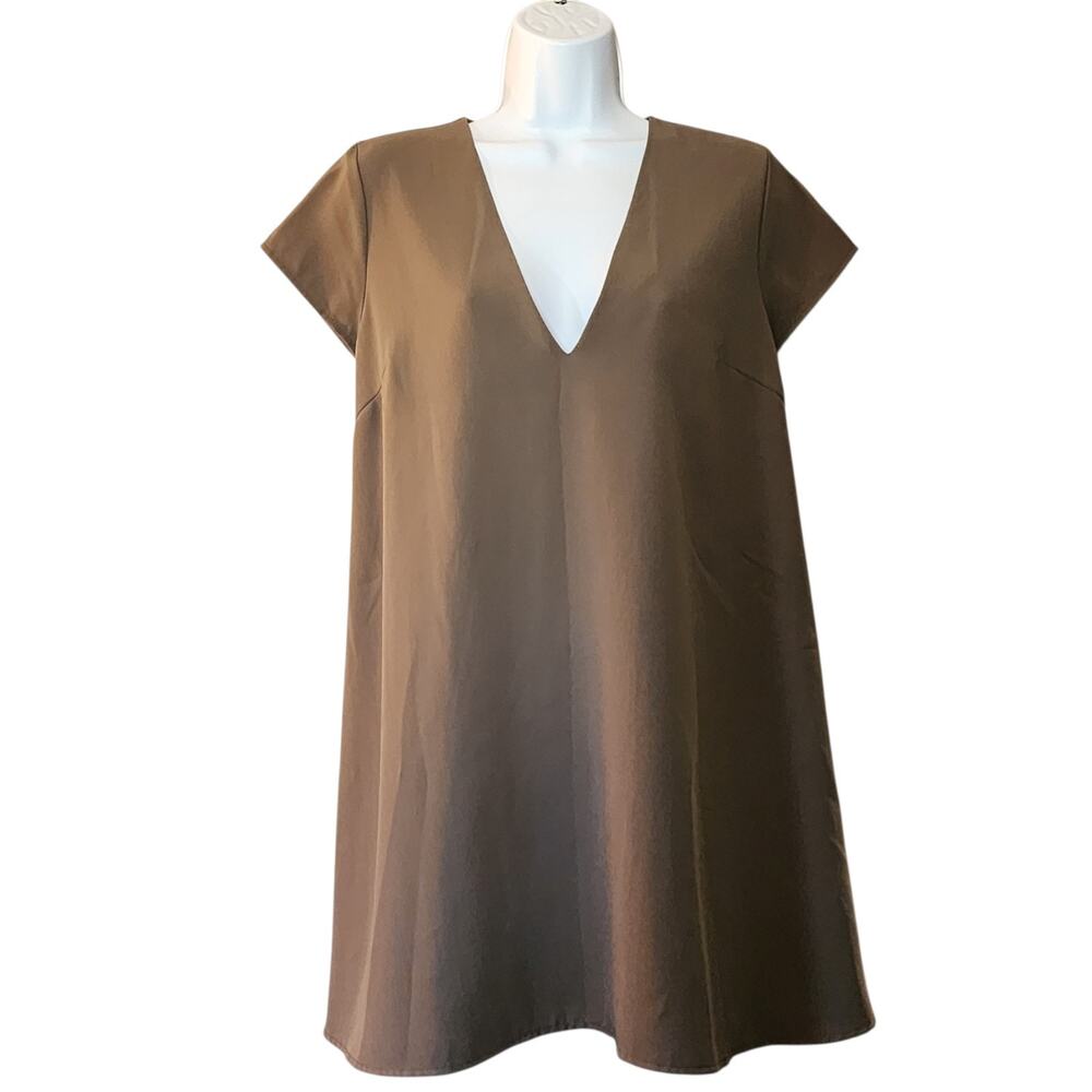 Tobi Womens Mini Dress Size S Olive Green Short Sleeve V-Neck A-Line Zip Back